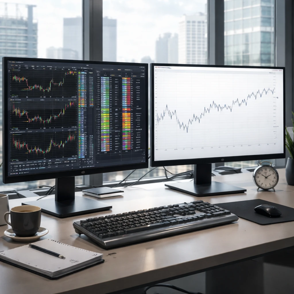 Two trading screens side by side showing a live streaming market view with order book depth and a slower, infrequently updating chart representing delayed data.