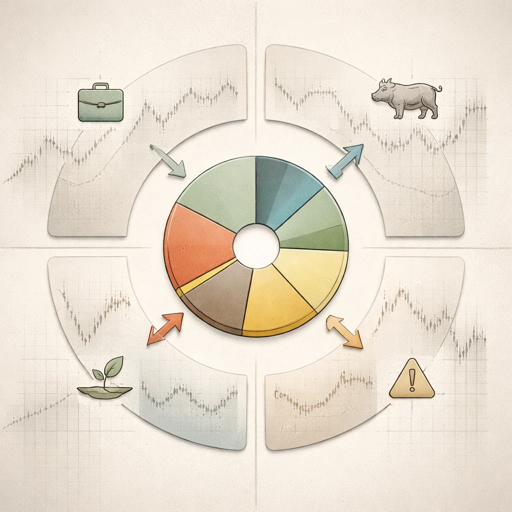 A diversified portfolio pie chart rebalanced across different market cycle phases with underlying price curves for risk and defensive assets.