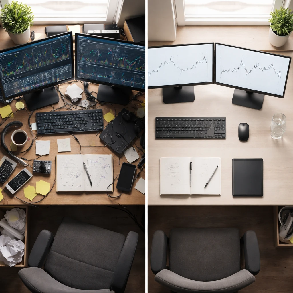 Top-down view of a trading desk transitioning from cluttered and chaotic to clean and organized, symbolizing reduced decision fatigue.
