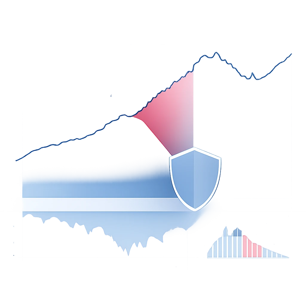 Stylized equity curve with a highlighted peak-to-trough drawdown and a protective transparent shield motif indicating capital preservation.