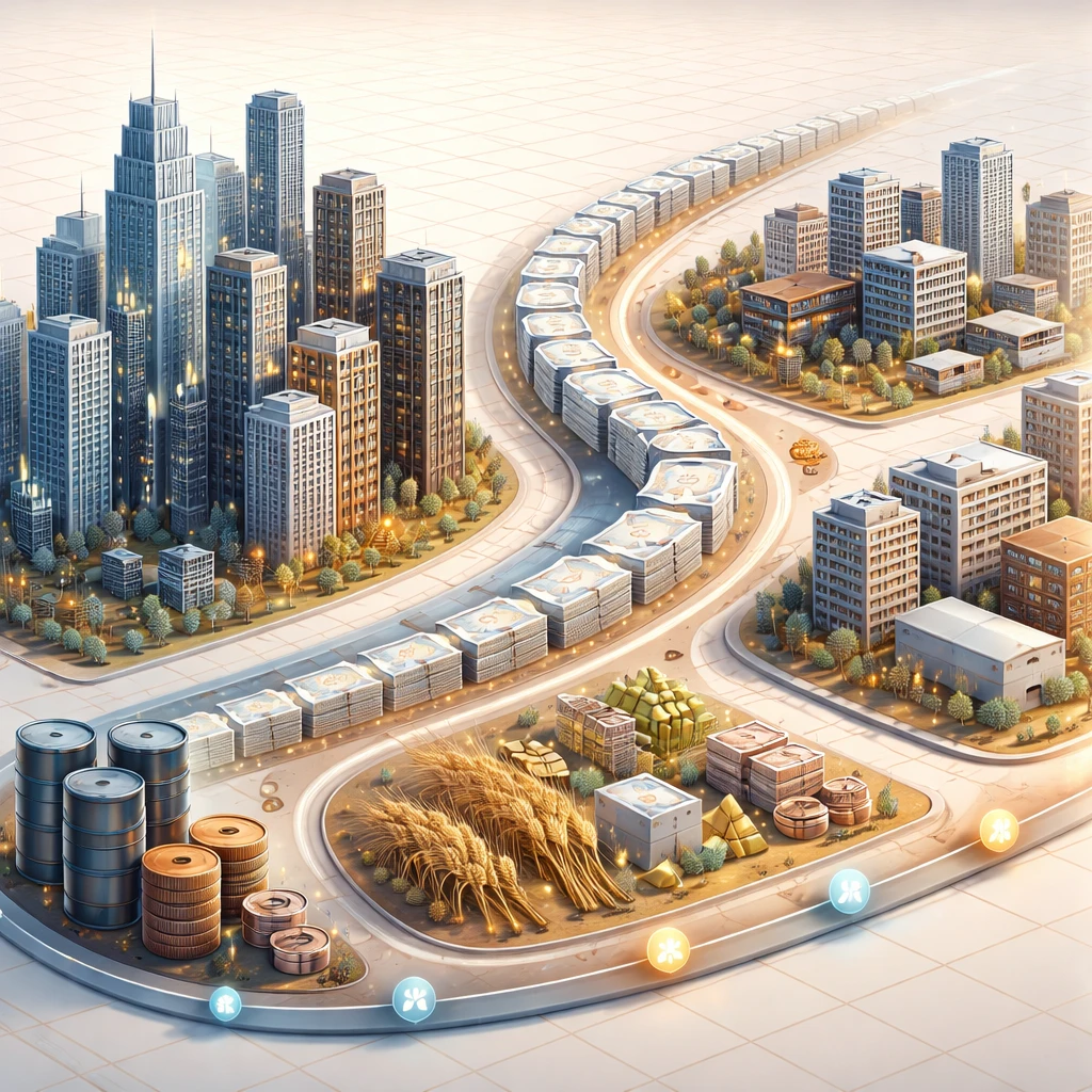 Conceptual multi-asset landscape visualizing equities, bonds, credit, real estate, and commodities with a subtle yield curve and horizon timeline.
