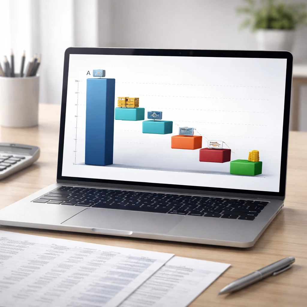 Waterfall chart illustrating revenue flowing through costs to net profit on a clean financial dashboard without any text.