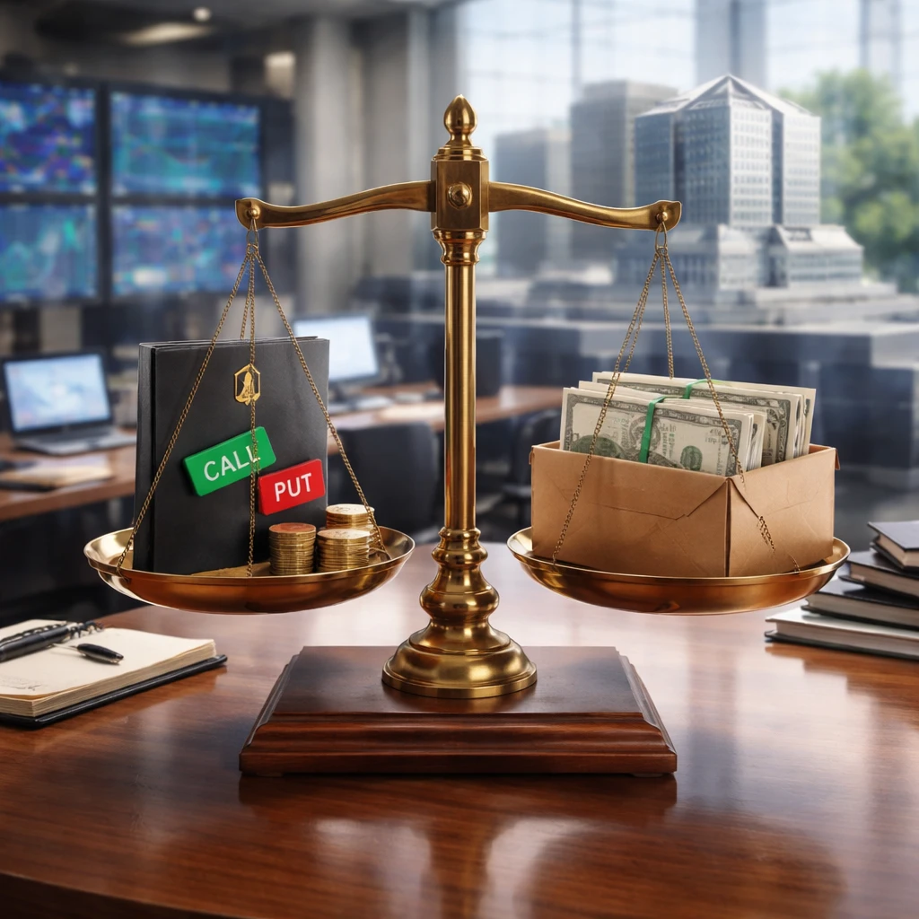 Balanced scale symbolizing option buyers’ rights and writers’ obligations on a trading desk with an exchange floor in the background.