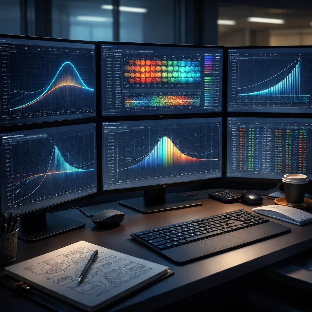 Professional trading desk with multiple monitors showing options payoff curves, Greek exposure heatmaps, and volatility term structures.