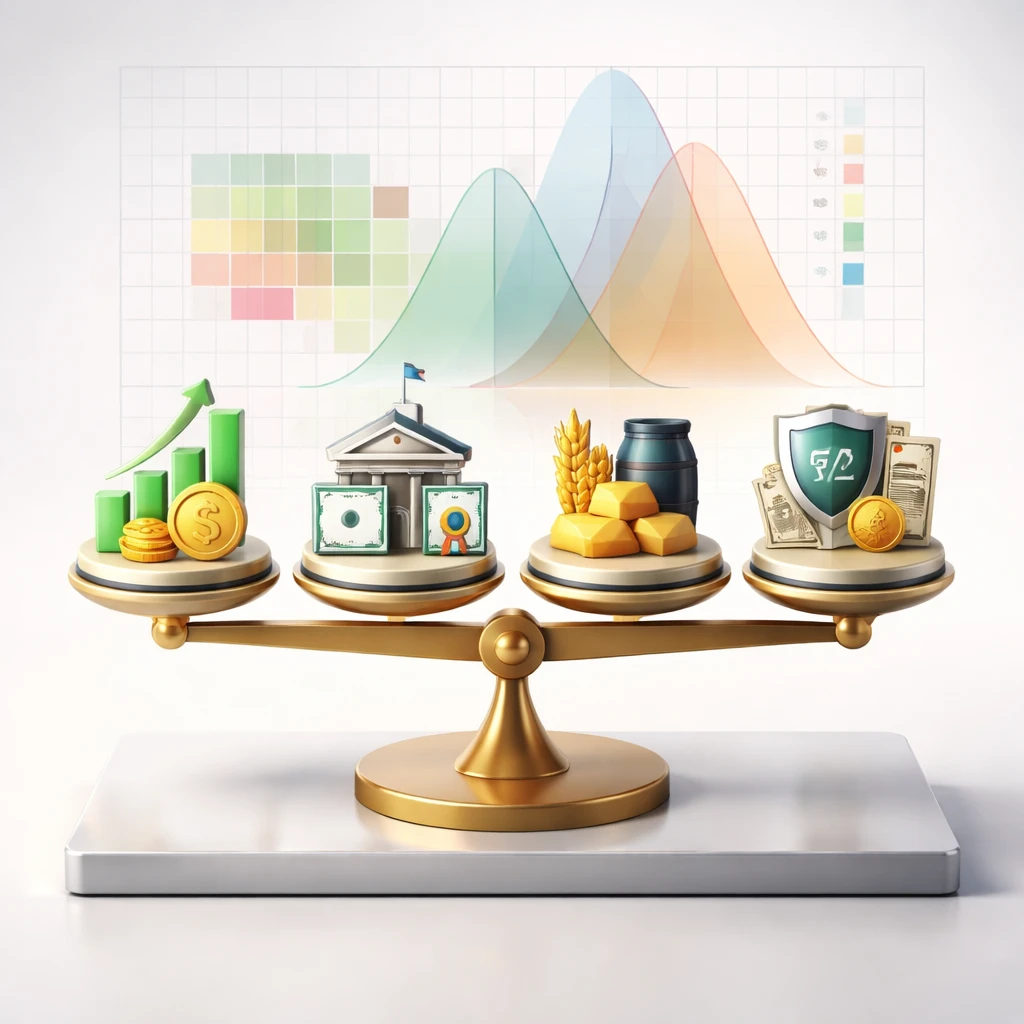 Balanced scale with icons for equities, bonds, and commodities, set against a subtle covariance heatmap and volatility cones.