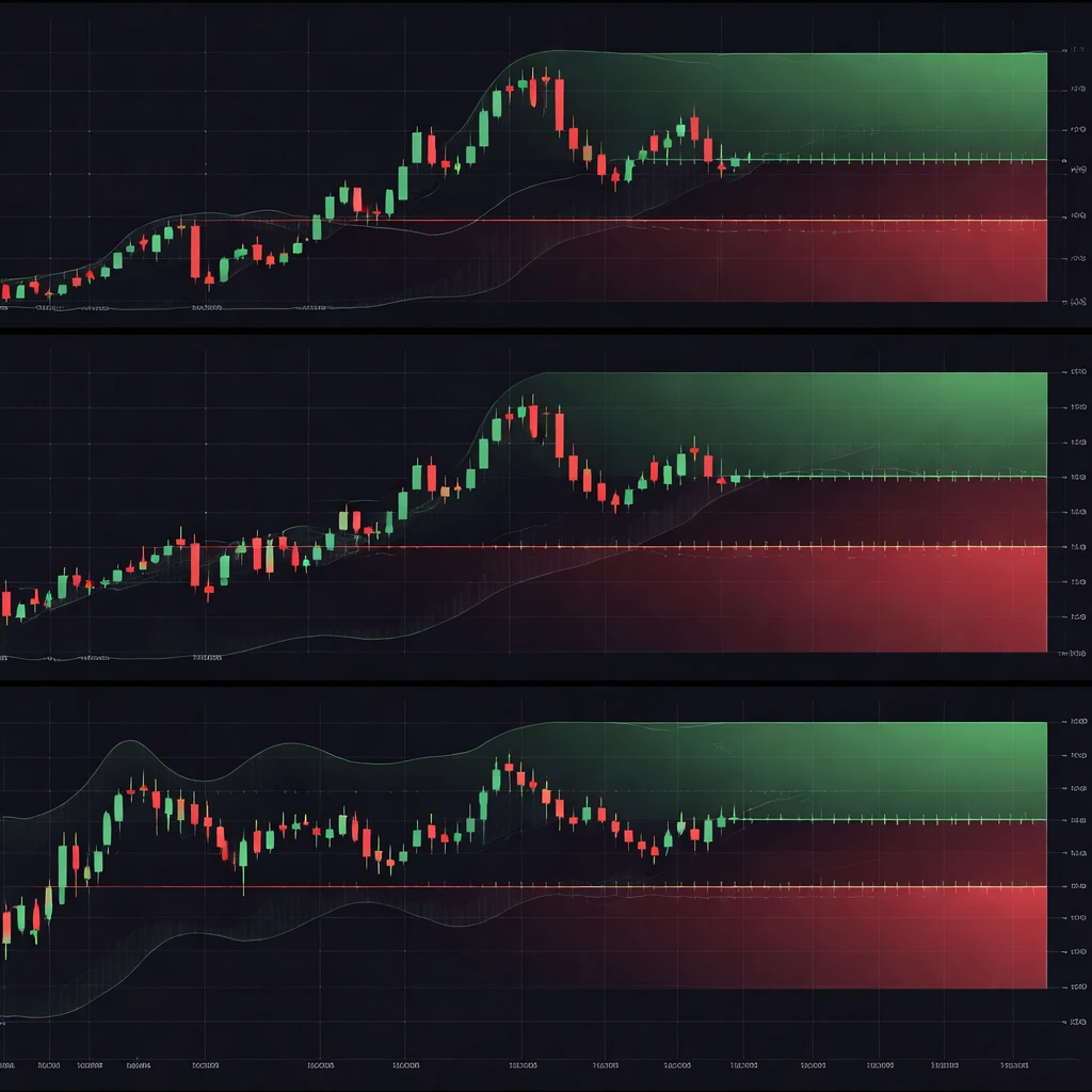 Three stacked charts of the same asset across daily, hourly, and 5-minute timeframes with shaded risk and reward zones.