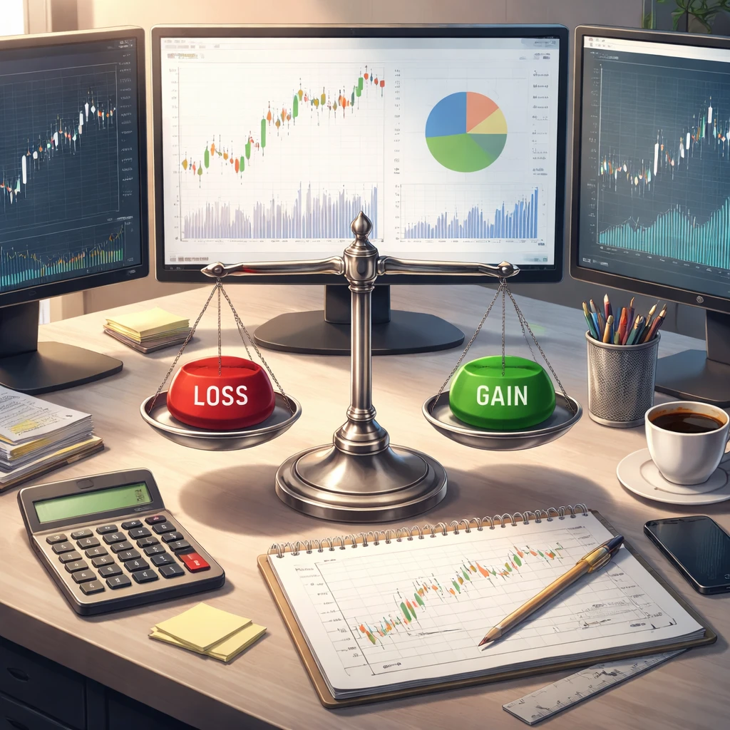 A balanced scale comparing potential loss and potential gain beside a calculator and market charts on a trading desk.