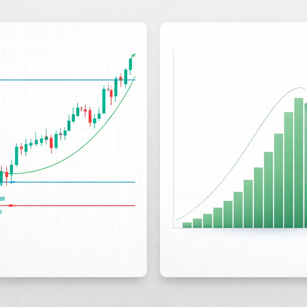 Price chart with marked stop and target levels alongside a histogram of R-multiple outcomes, illustrating risk and reward.
