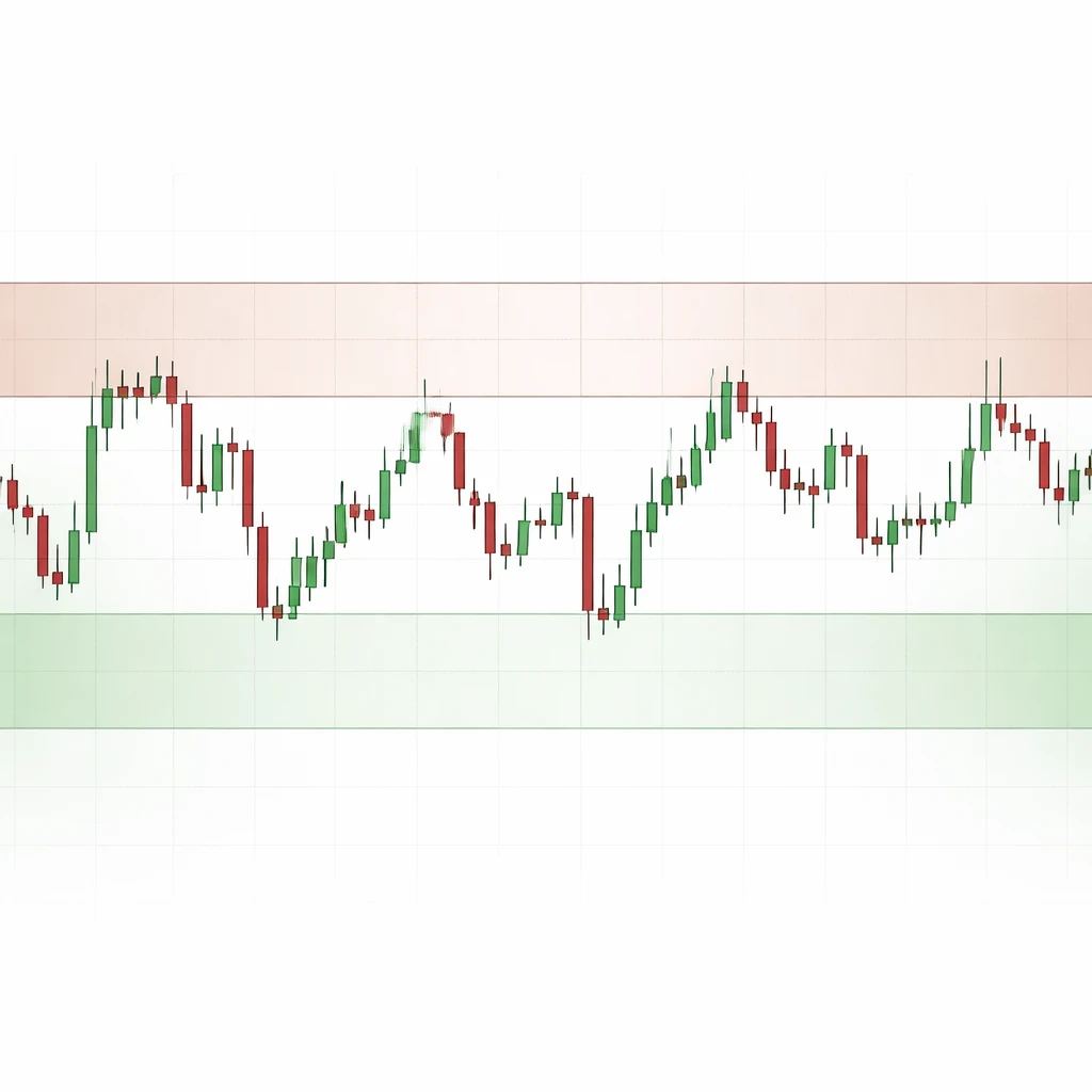Price chart illustrating a ranging market with risk and reward zones between support and resistance.