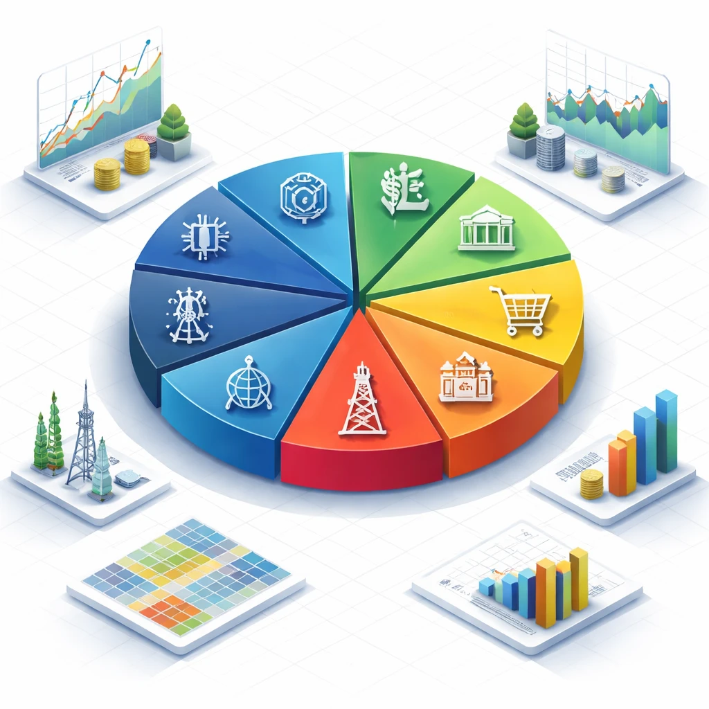 Isometric illustration of a diversified portfolio pie chart surrounded by sector icons representing different industries.
