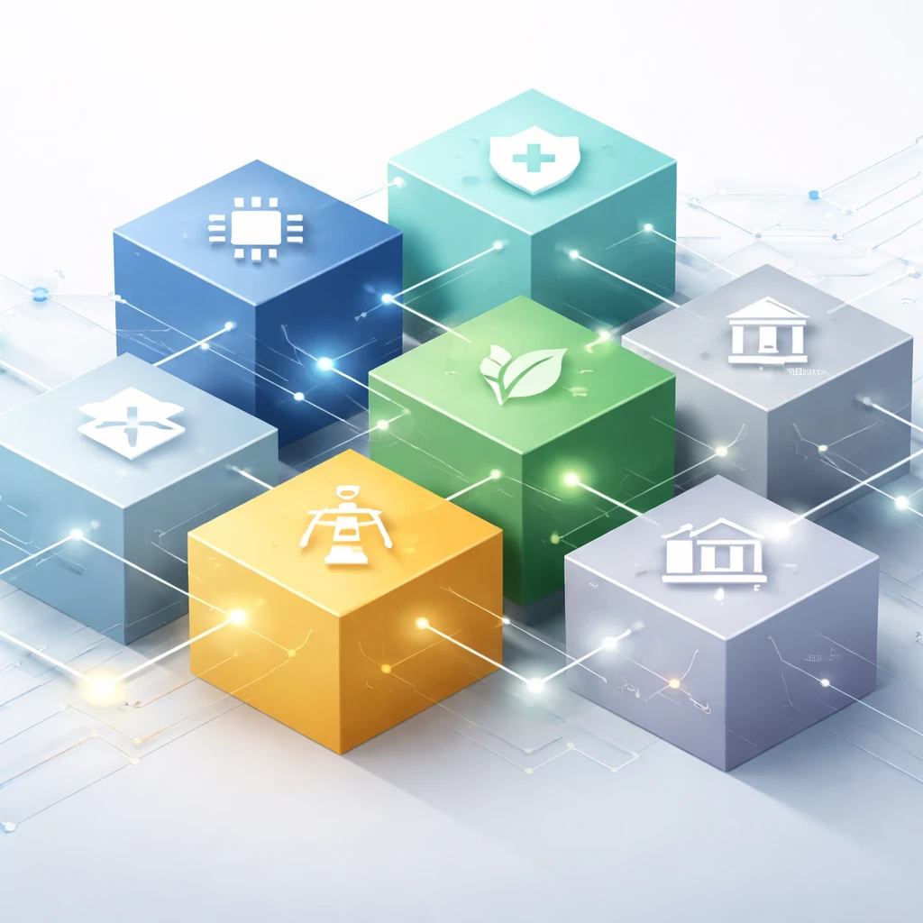 Abstract illustration of sector blocks connected by a cross-sector thematic network in a minimalist style