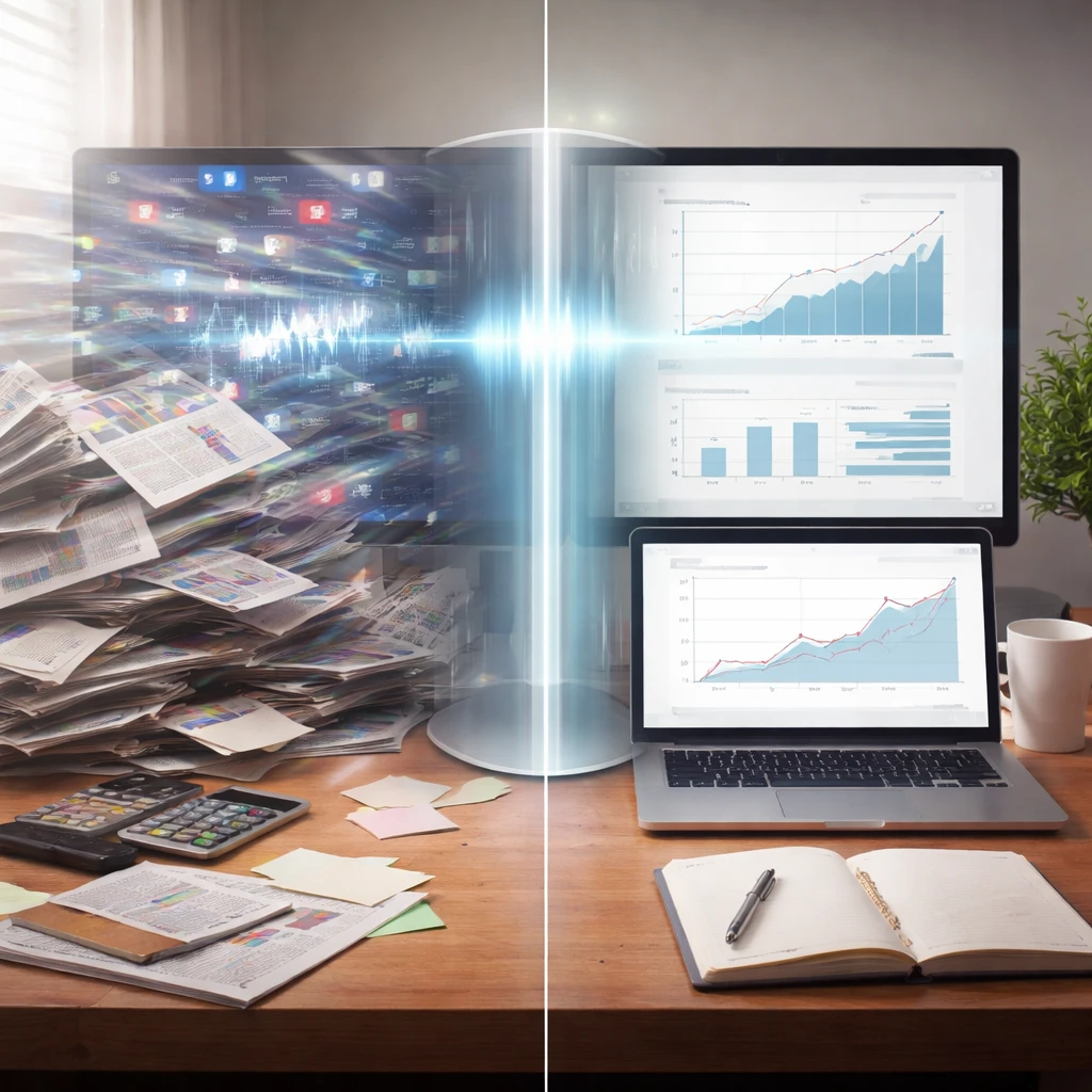 Conceptual visualization of financial signal filtered from media noise on a research desk.