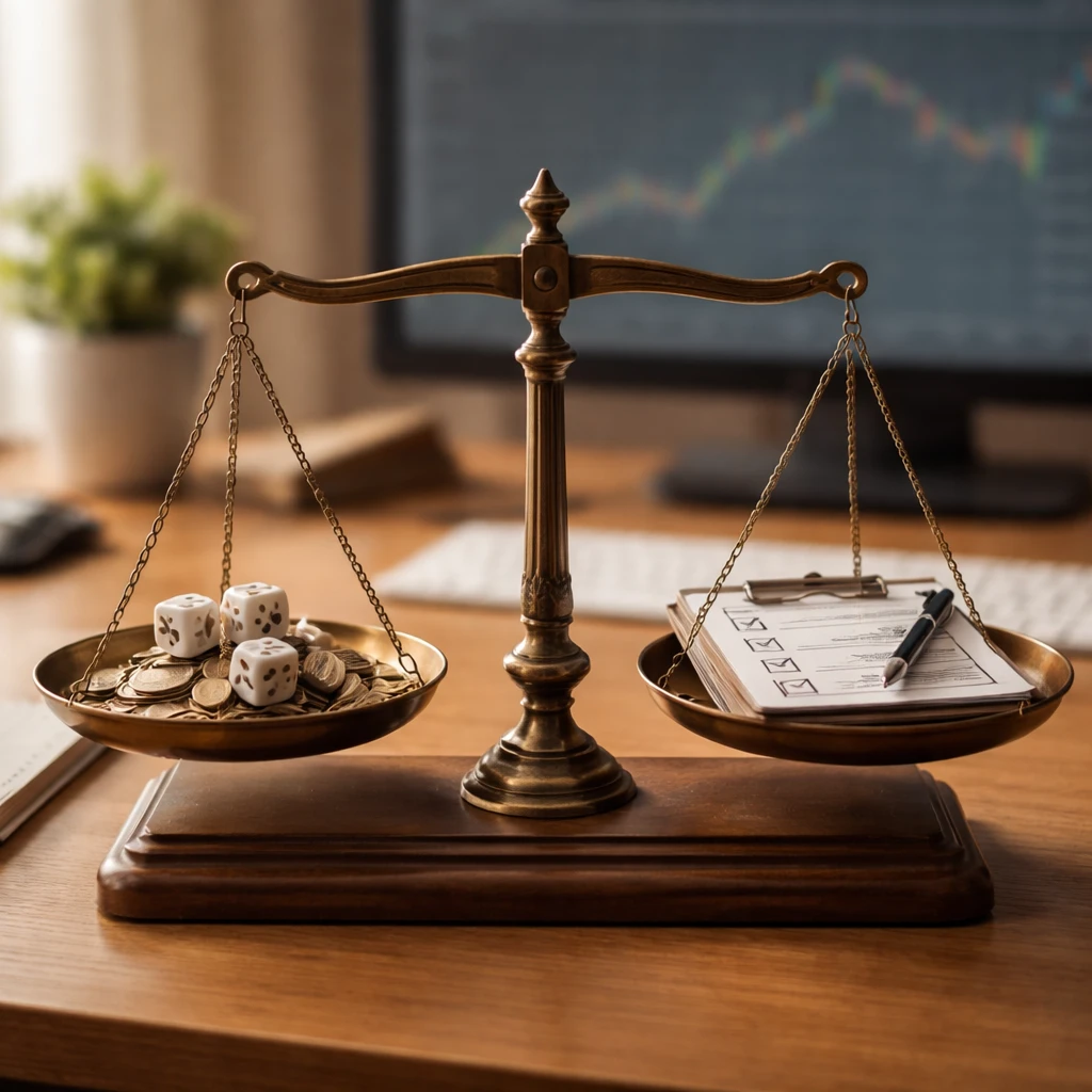 A balance scale with coins and dice on one side and a checklist clipboard on the other, in front of a blurred price chart.