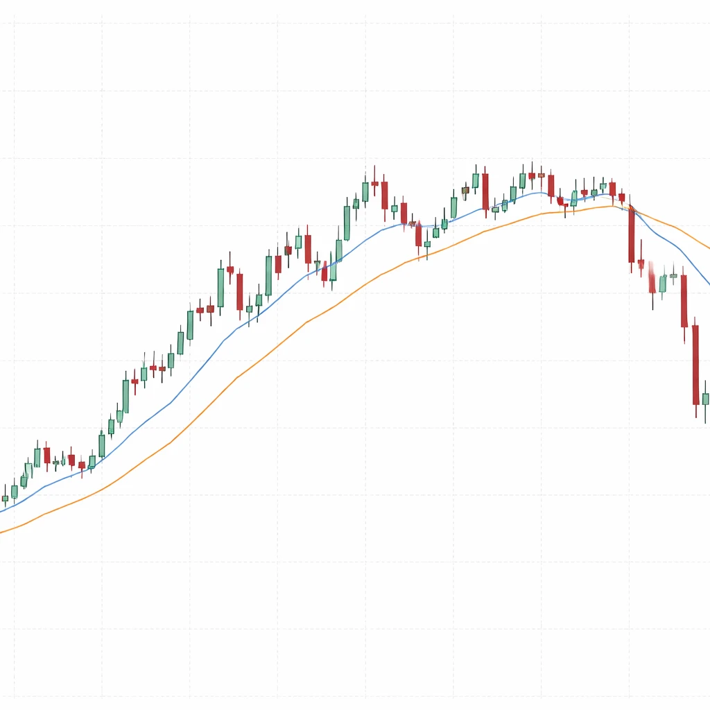 Candlestick chart with simple and exponential moving averages illustrating different responsiveness to price changes.