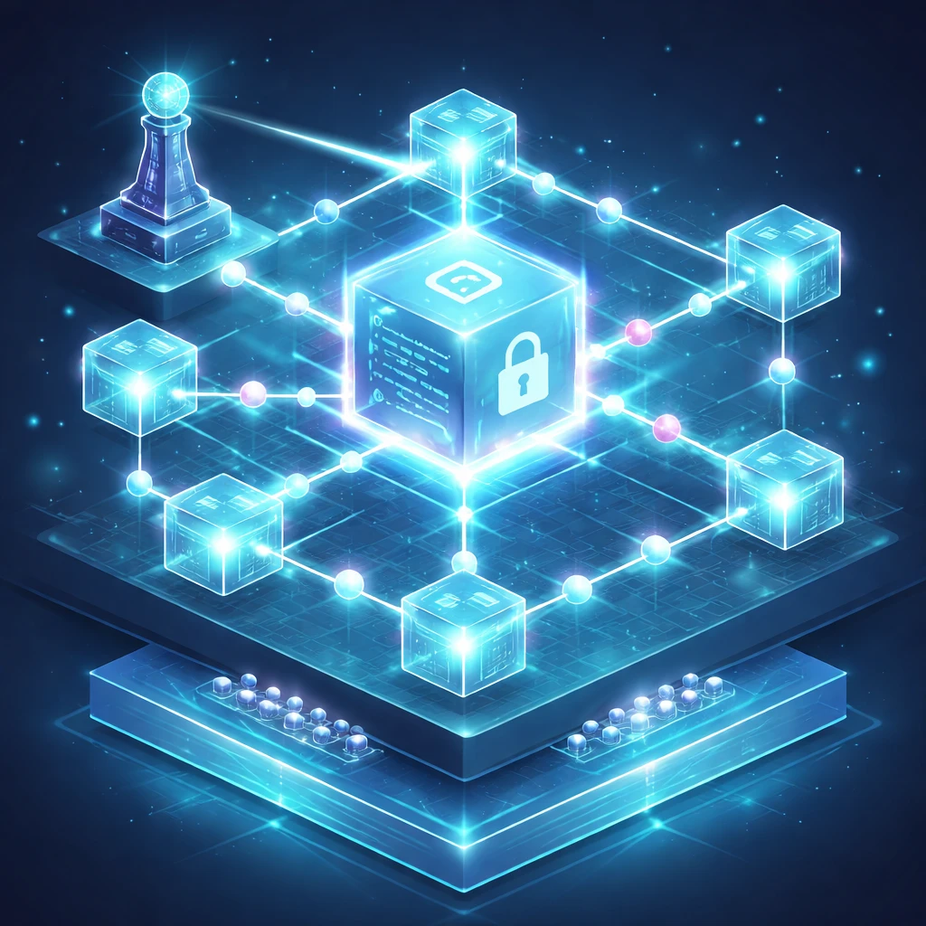 Isometric visualization of a smart contract at the center of a blockchain network with nodes, token flows, an oracle feed, and a rollup layer.