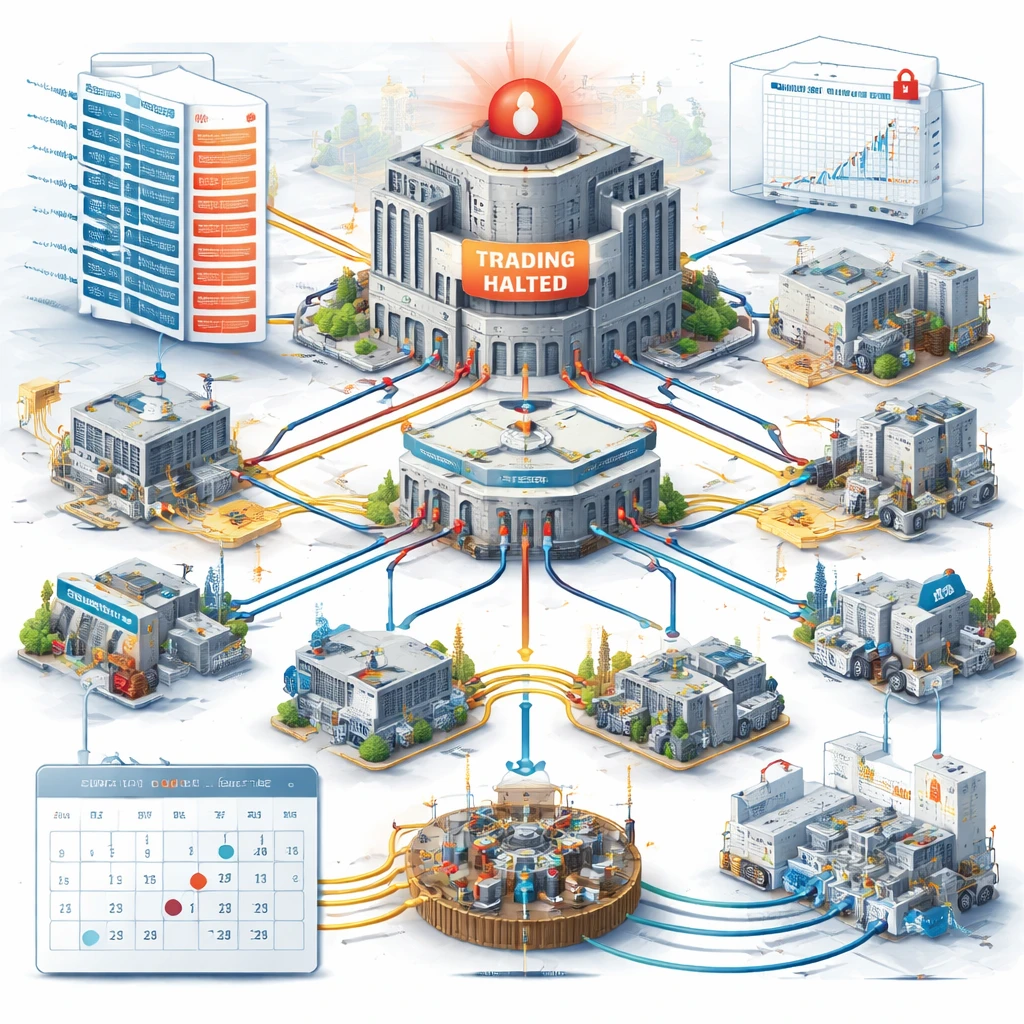 Conceptual diagram of market structure showing order books, circuit breakers, clearing links, and collateral flows.