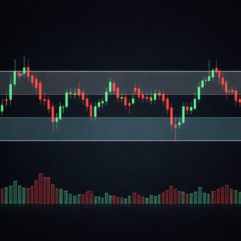 Candlestick chart illustrating a horizontal trading range with shaded support and resistance zones and repeated tests at both boundaries.