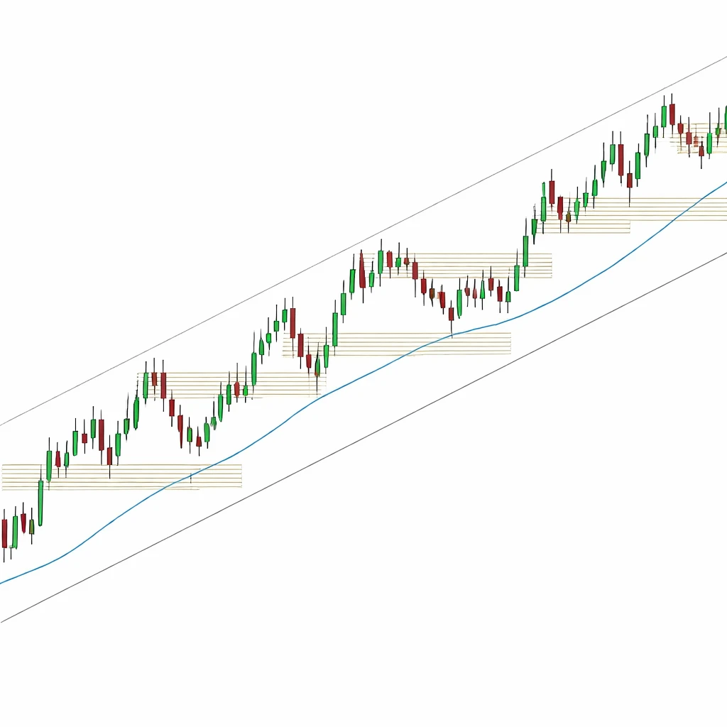 Candlestick chart of an uptrend with horizontal support and resistance zones and a rising trendline.