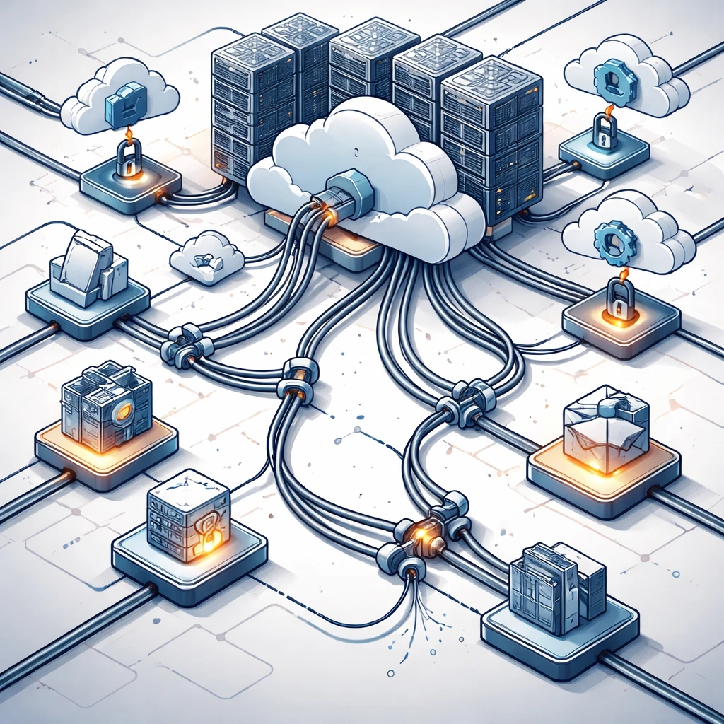Interconnected enterprise systems with locked connectors symbolizing switching costs and migration friction.