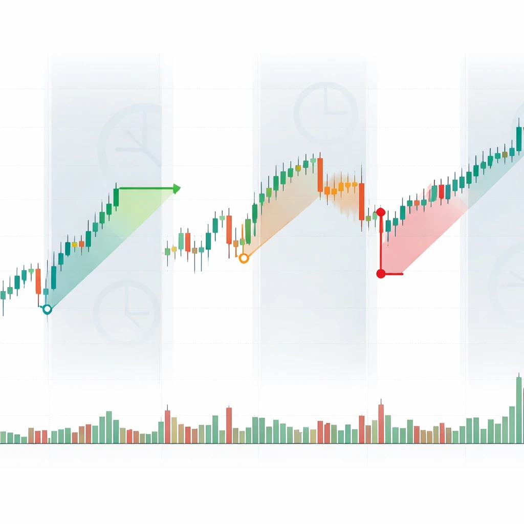 Candlestick chart with visual time windows and exits occurring at fixed time thresholds.