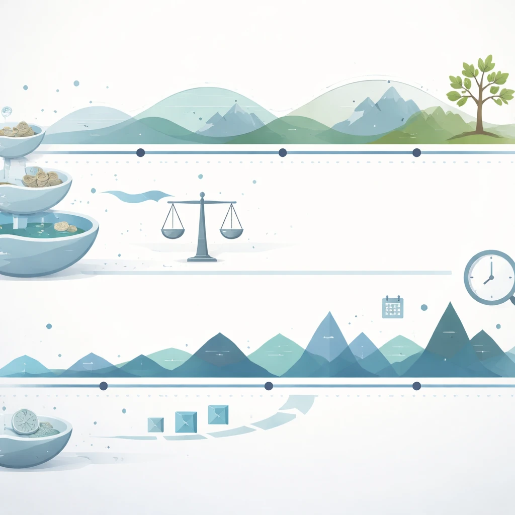 Infographic without text showing long-term and short-term capital timelines, a three-bowl liquidity waterfall, and symbols for risk and monitoring.
