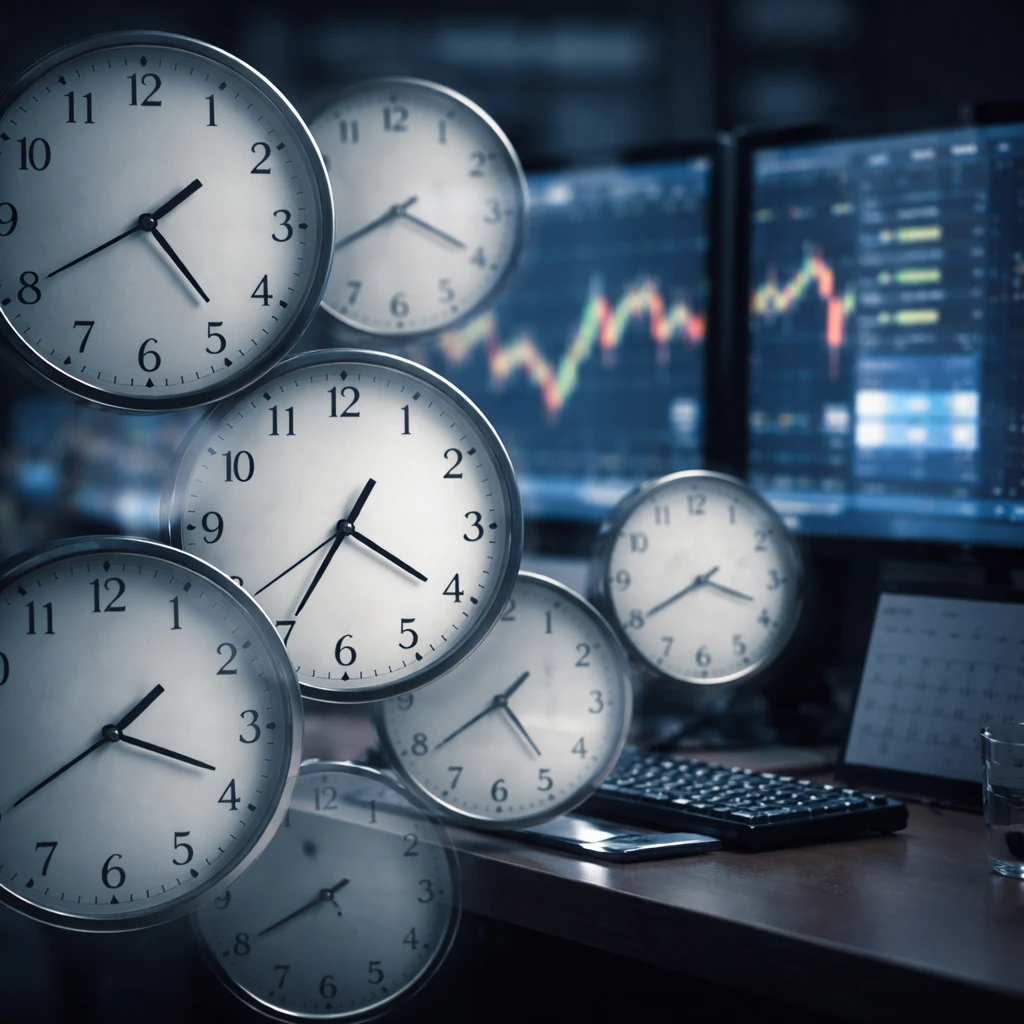 Overlapping clocks in front of a trading workstation representing conflicting time horizons