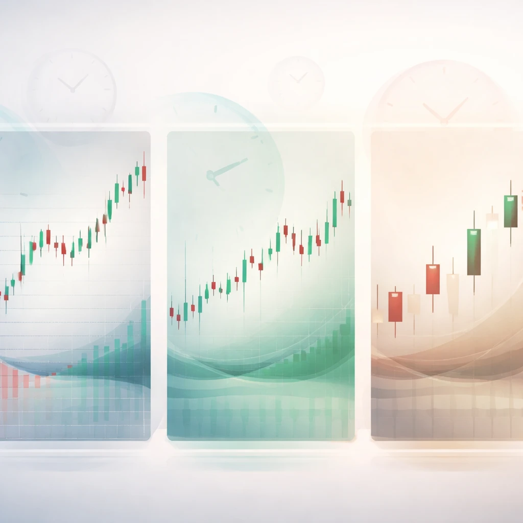 Triptych visualization of the same market across intraday, daily, and monthly timeframes highlighting different volatility and risk exposure, without any text.