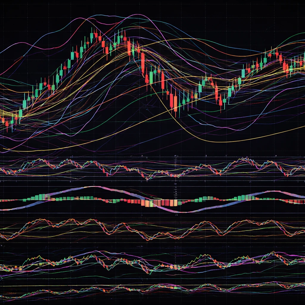 Price chart cluttered with multiple indicators showing conflicting signals across several panels.