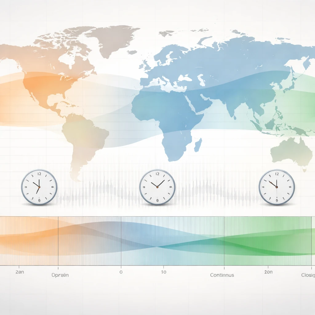 Global map with highlighted Asian, European, and North American trading sessions, overlapping on a timeline with a subtle price chart indicating changing liquidity.