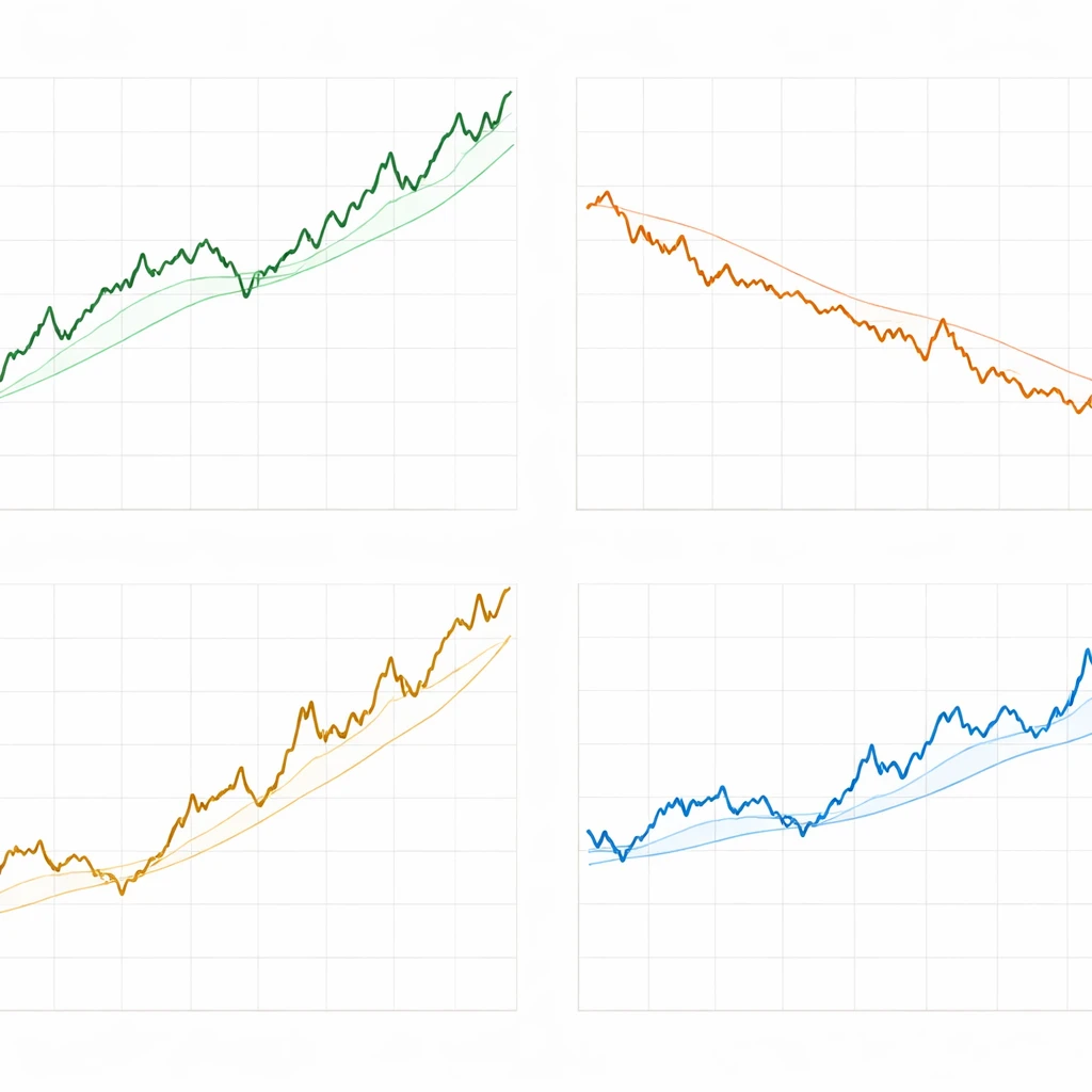 Multi asset trend following visualization with separate panels for equities, bonds, commodities, and currencies showing distinct rising and falling price trends.