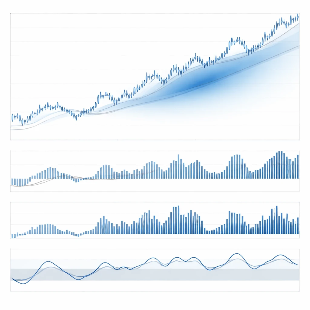 Multi panel chart illustrating price trend with a visual gradient indicating increasing trend strength and supporting indicators below.