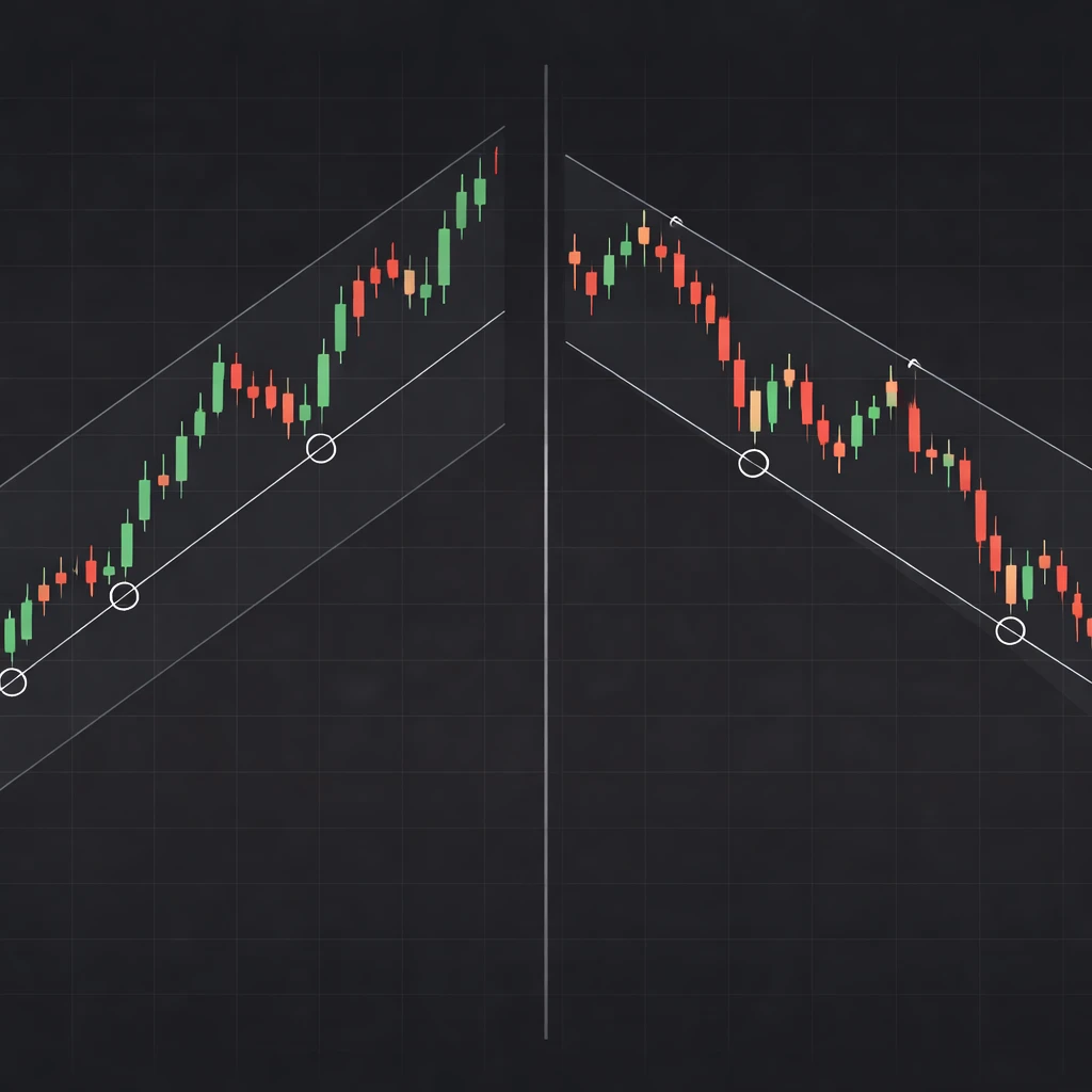 Side-by-side charts showing an uptrend and a downtrend with trendlines and highlighted swing pivots.