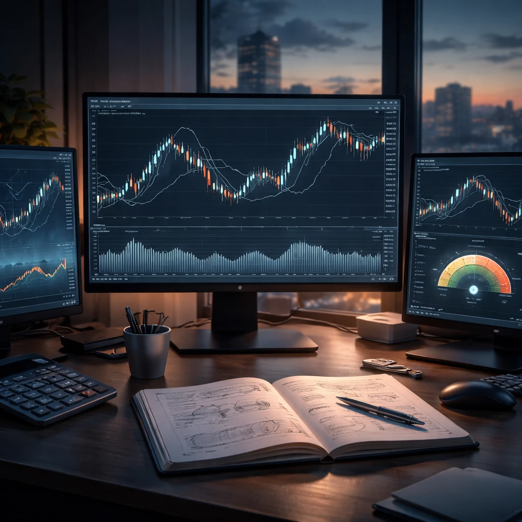 Trading desk with charts illustrating different volatility levels and a calculator used to adjust position size.