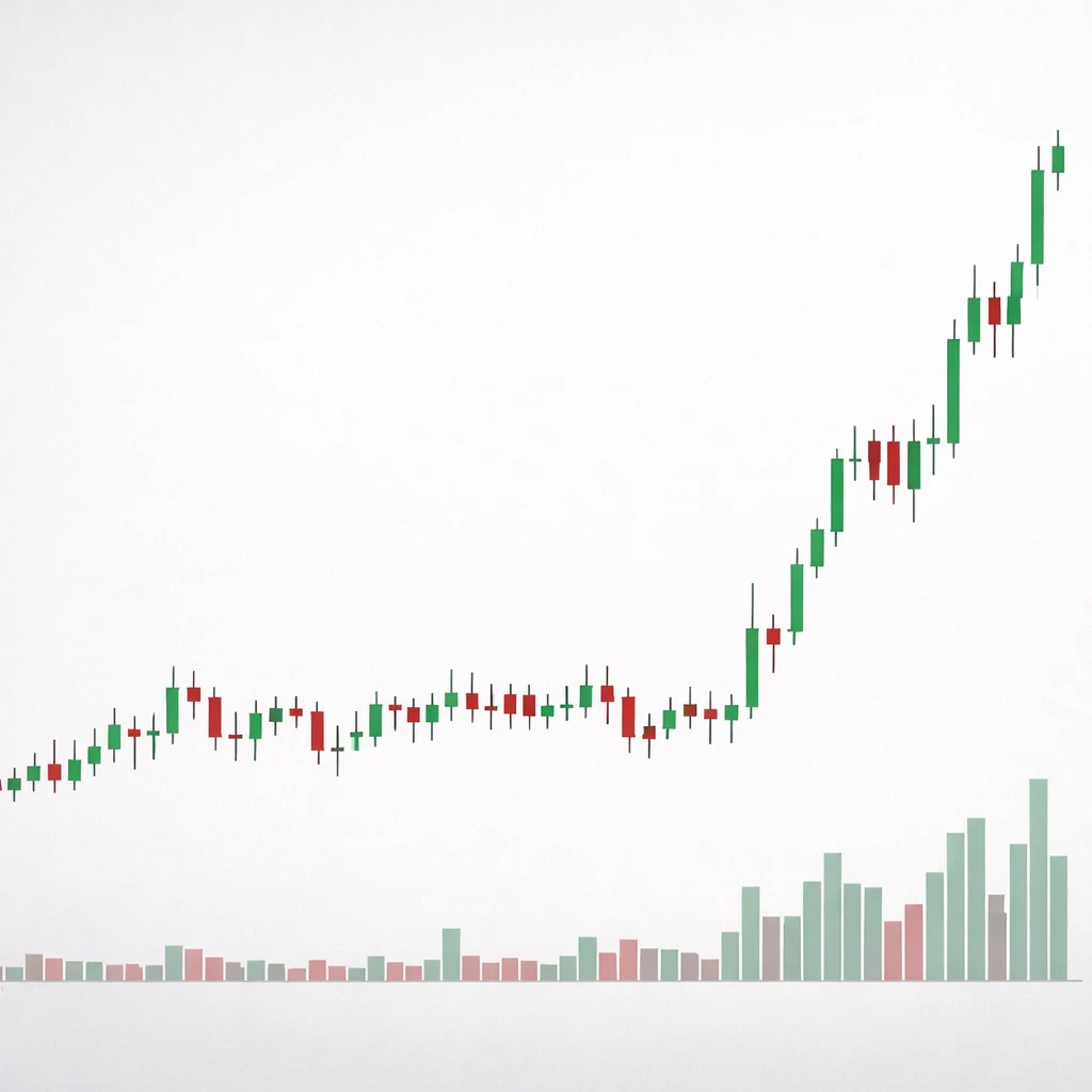 Candlestick chart showing a tight consolidation followed by a clear volatility expansion breakout with rising volume.