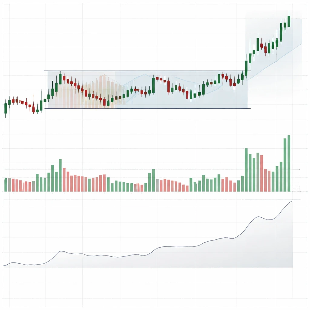 Candlestick chart breaking above a consolidation zone with volume spike and rising volatility indicator below.