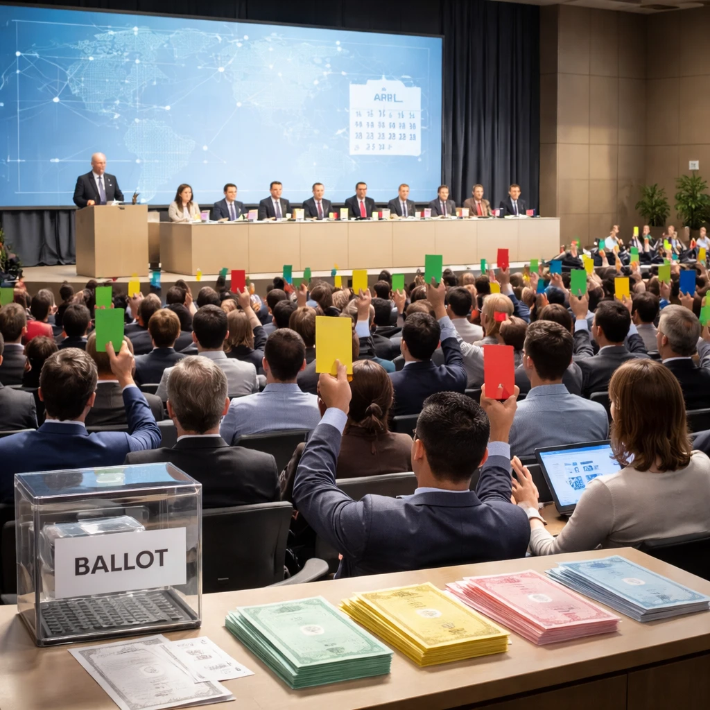 Shareholders voting in a modern annual meeting, with proxy cards and ballots visible.