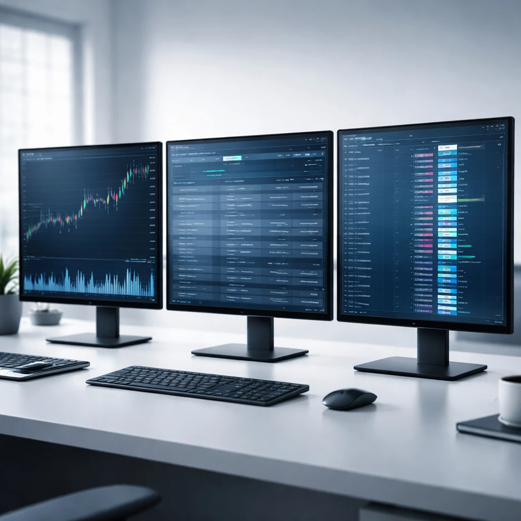A modern multi-screen trading workstation displaying chart, order ticket, and order book with no legible text.