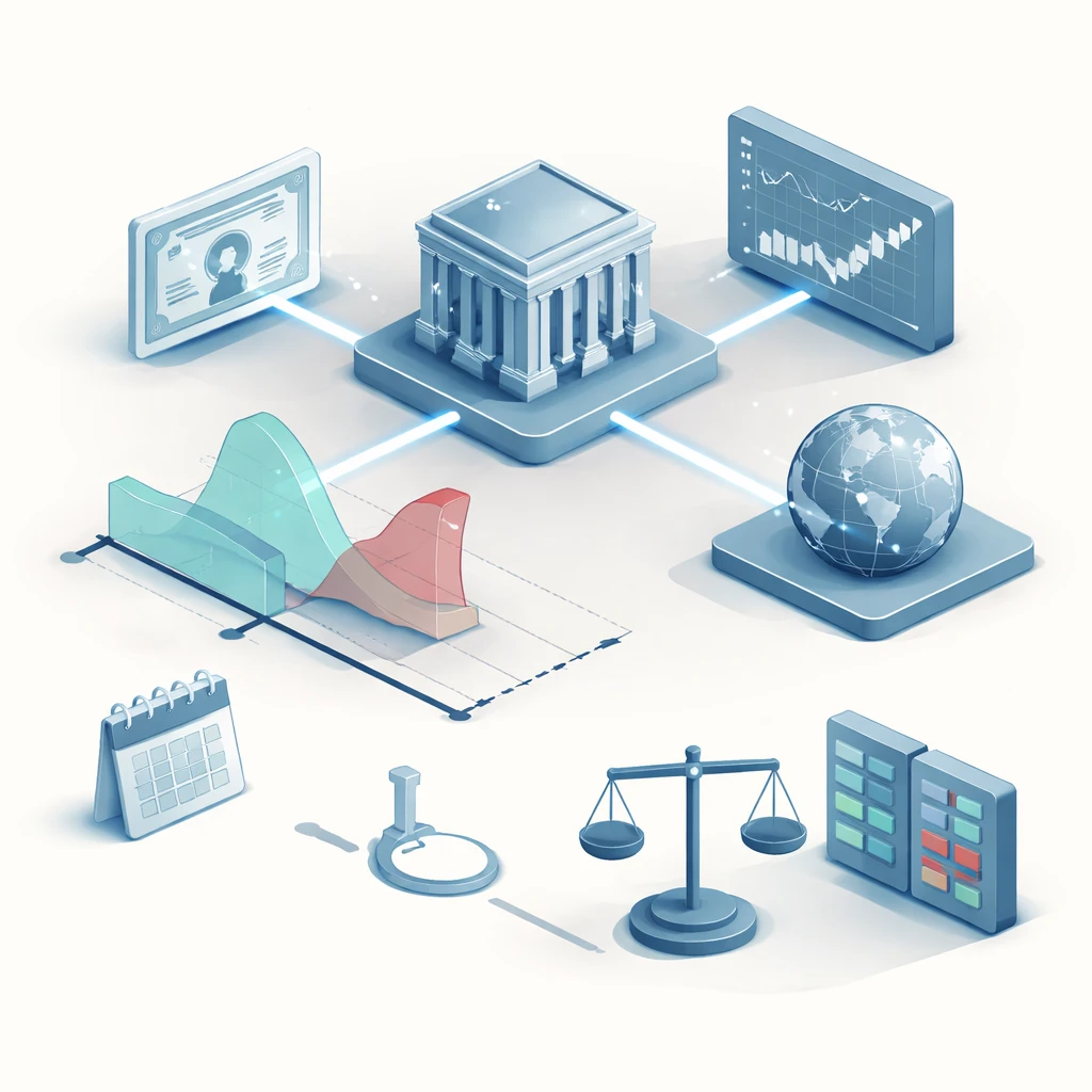 Isometric illustration showing a clearinghouse, underlying asset icons, and stylized call and put payoff curves representing an options contract.