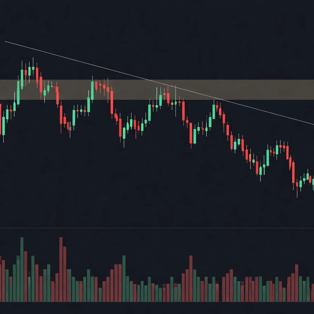 Candlestick chart illustrating price stalling at a horizontal resistance zone with repeated upper wicks and rising volume on approaches.