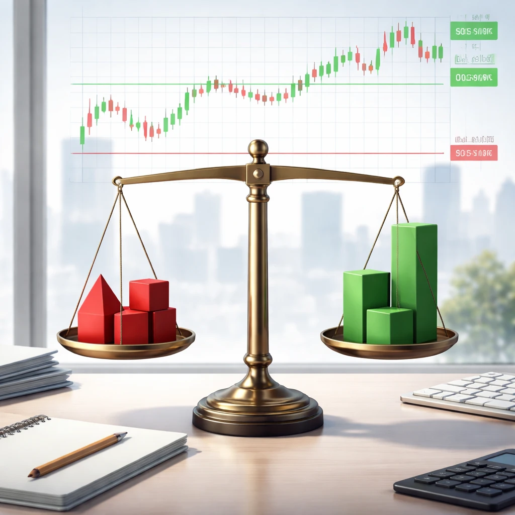 Balance scale contrasting risk and reward with a price chart showing stop and target zones in the background.