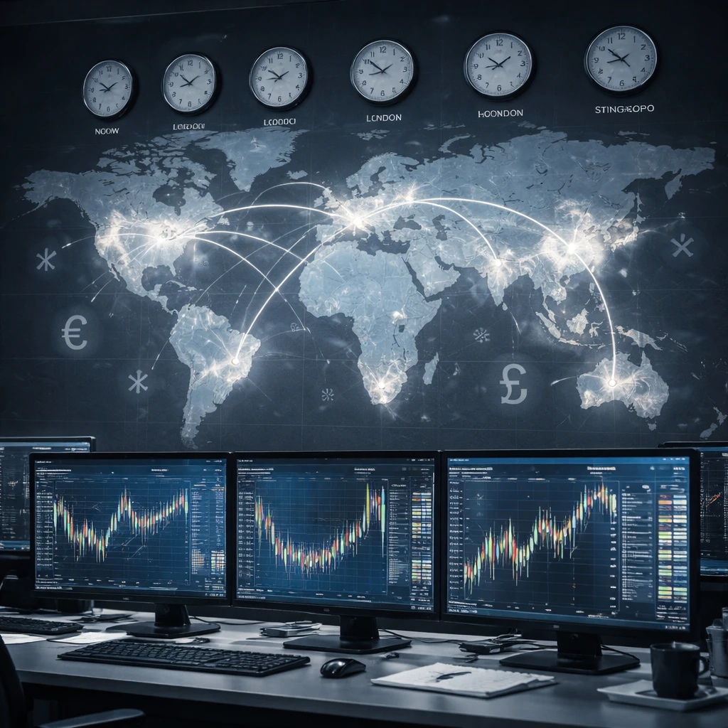 Global forex network visualization with world map connections and a trading desk displaying currency activity.