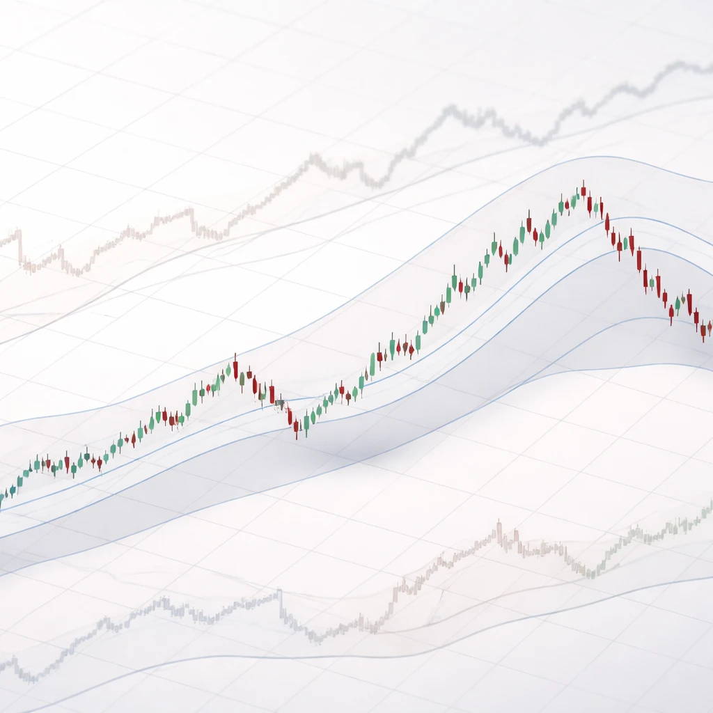 Clean financial chart showing a clear upward and downward price trend with subtle moving averages and channels.