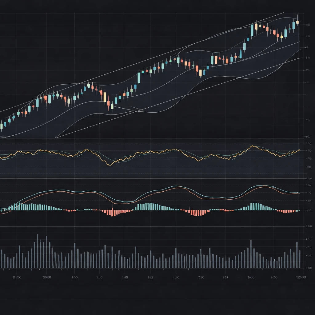 Chart with price continuing higher while RSI stays elevated, MACD cross fails, and a Bollinger Band breakout quickly re-enters the band.