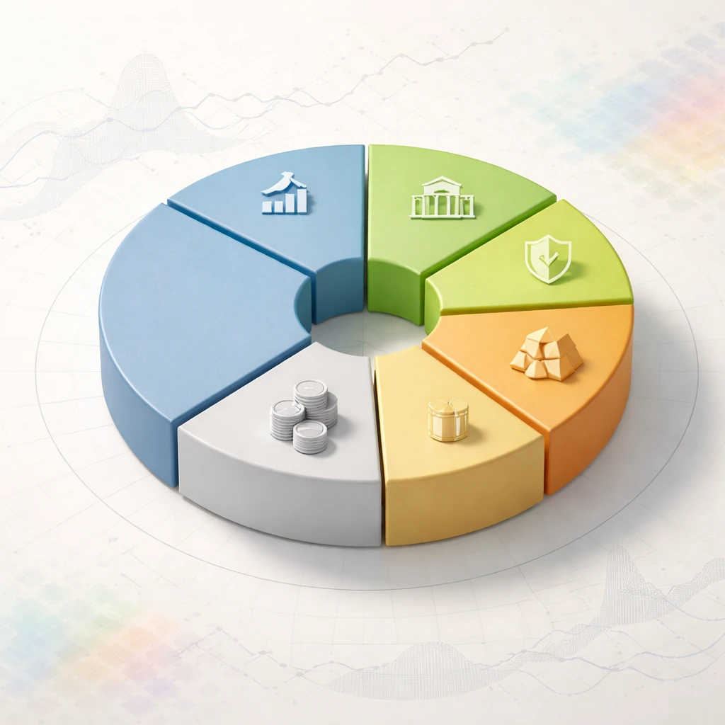 Abstract visualization of a diversified multi-asset portfolio with balanced segments for equities, bonds, real assets, commodities, and cash.