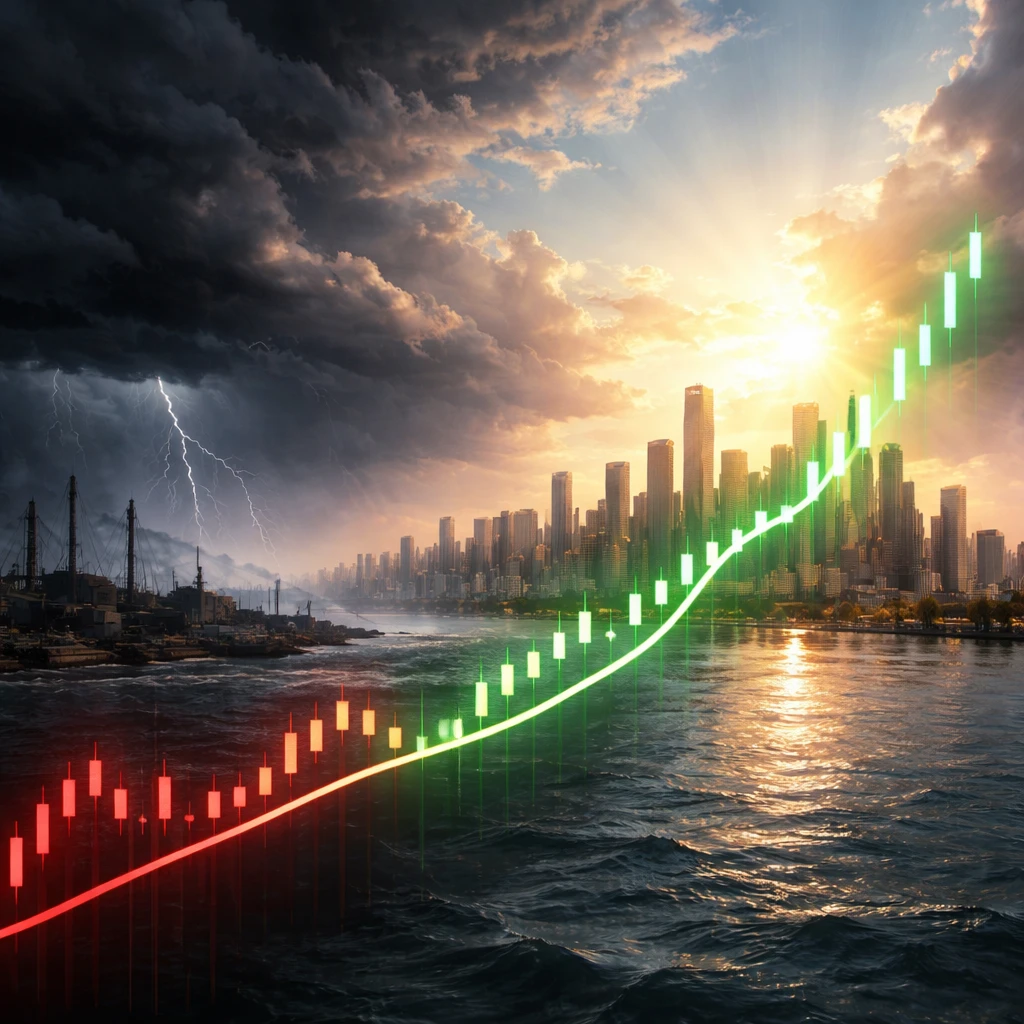 An upward-trending market line emerging from a stormy backdrop, symbolizing markets rising after negative news.