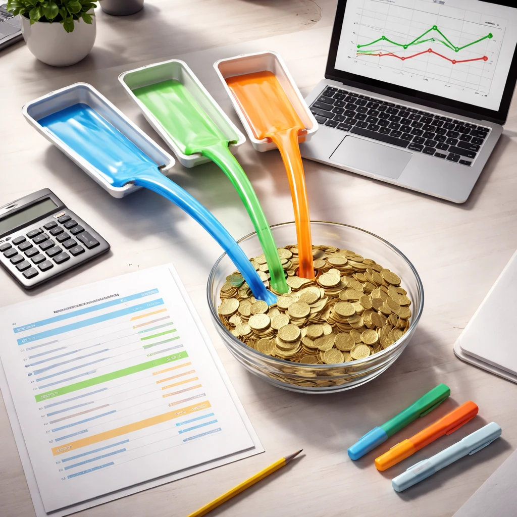 Overhead view of an analyst’s desk with documents, calculator, and a visual metaphor of three colored streams of cash flowing into a central bowl of coins.