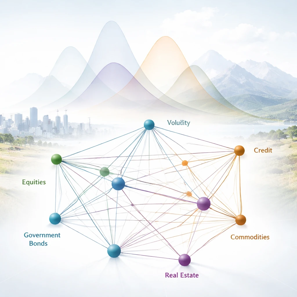 Abstract network of diversified asset classes connected with lines of varying intensity to symbolize differing correlations.