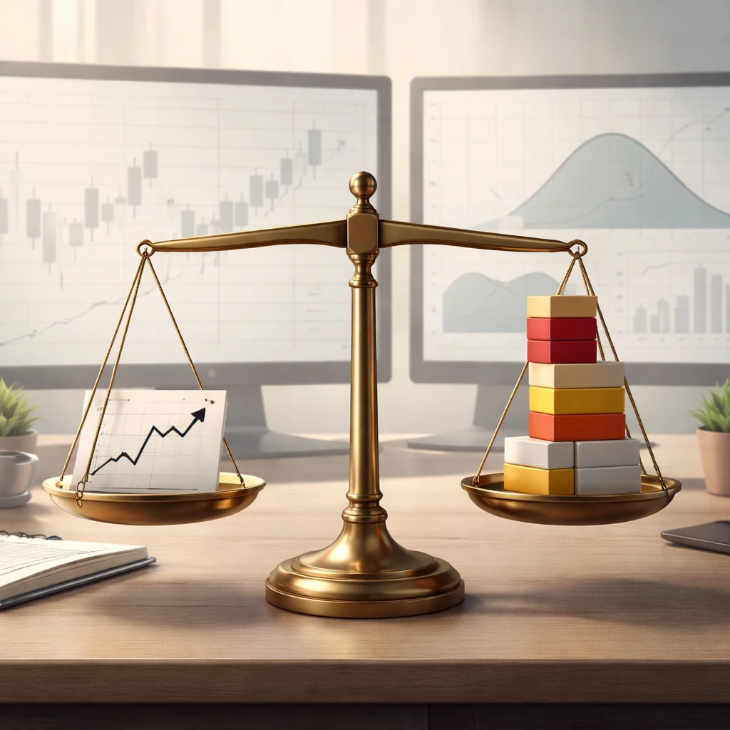 Balanced scale comparing a precise chart entry with a large stack of blocks symbolizing position size on a trading desk.