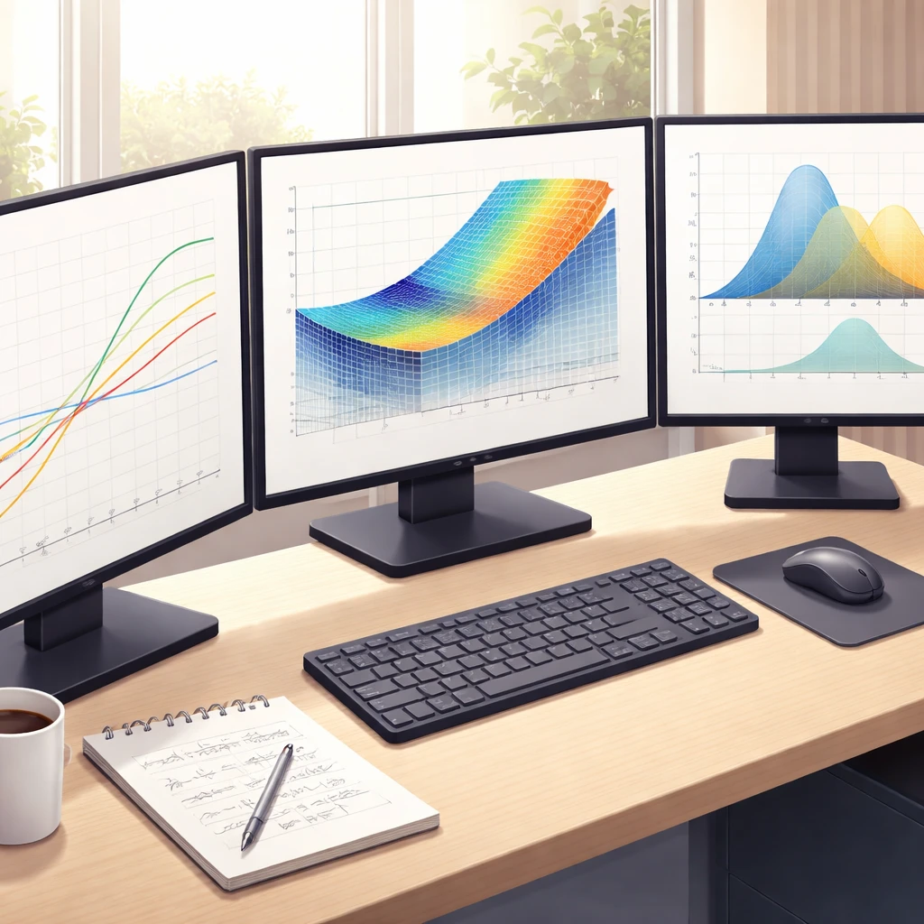 Abstract options payoff curves with volatility smile and probability distribution visuals on trading screens