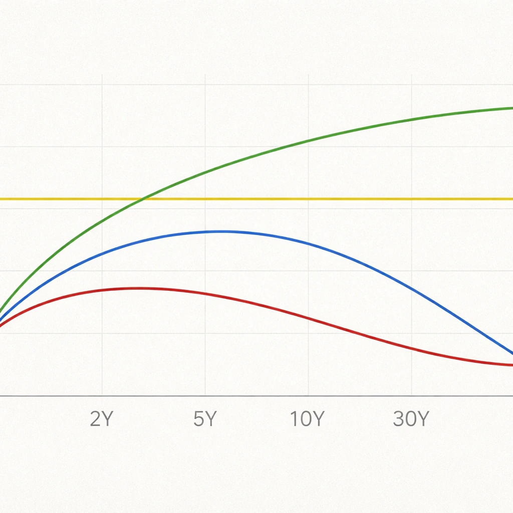 Illustration of several yield curves with different shapes across maturities, showing how interest rates change with time.
